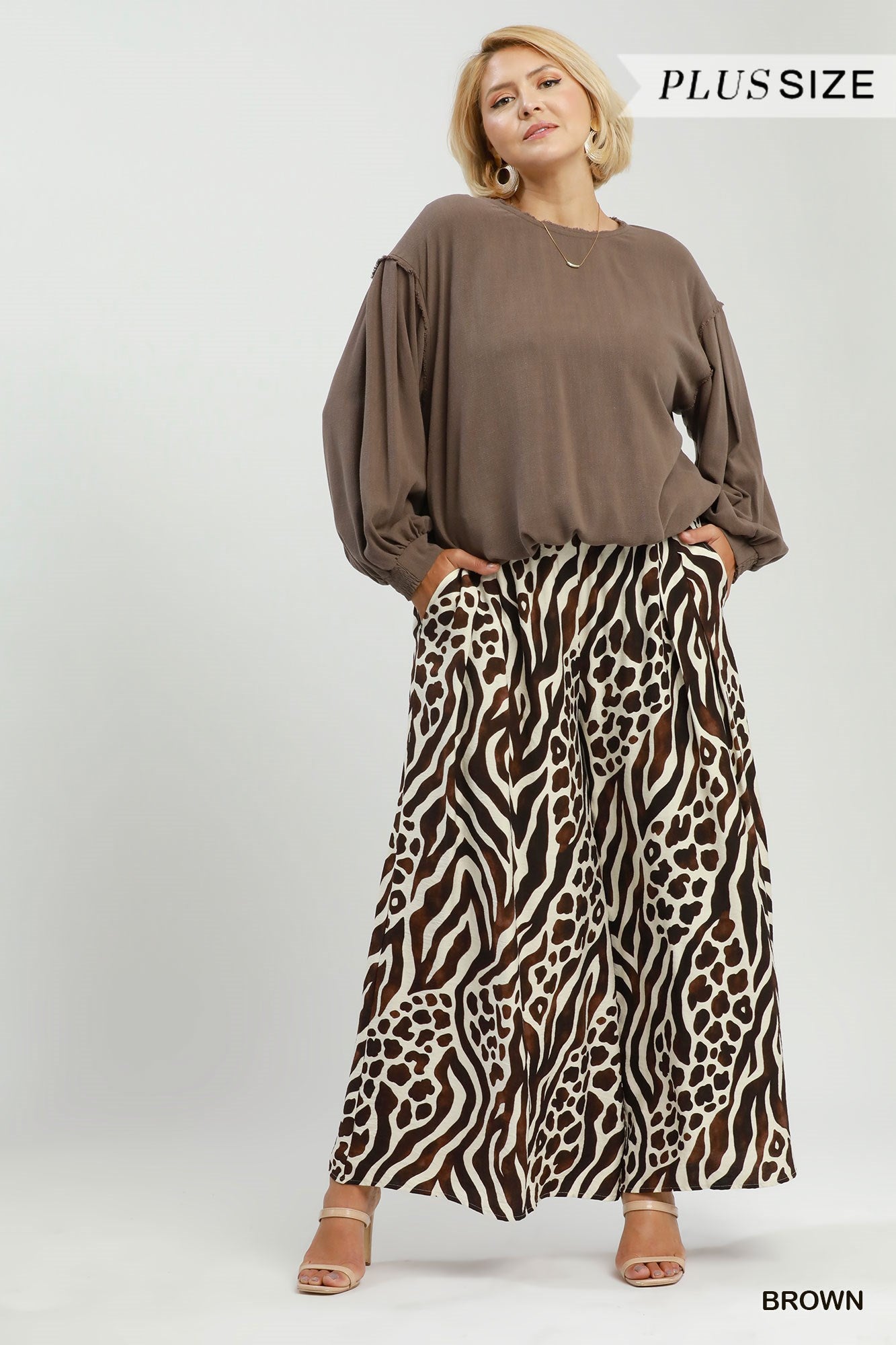 Plus Size Mixed Animal Print Wide Leg Pants