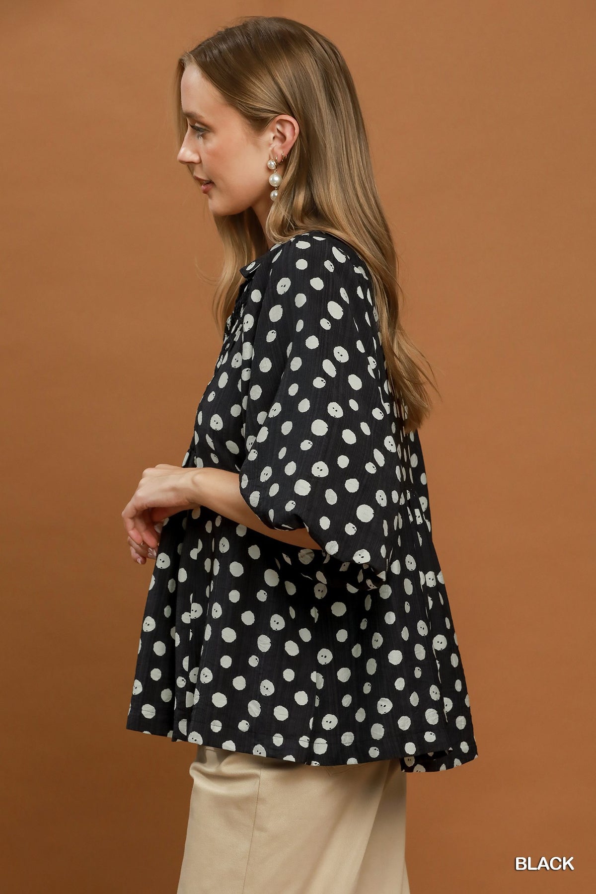 Plus Size Polka Dot Smocked Yoke Blouse