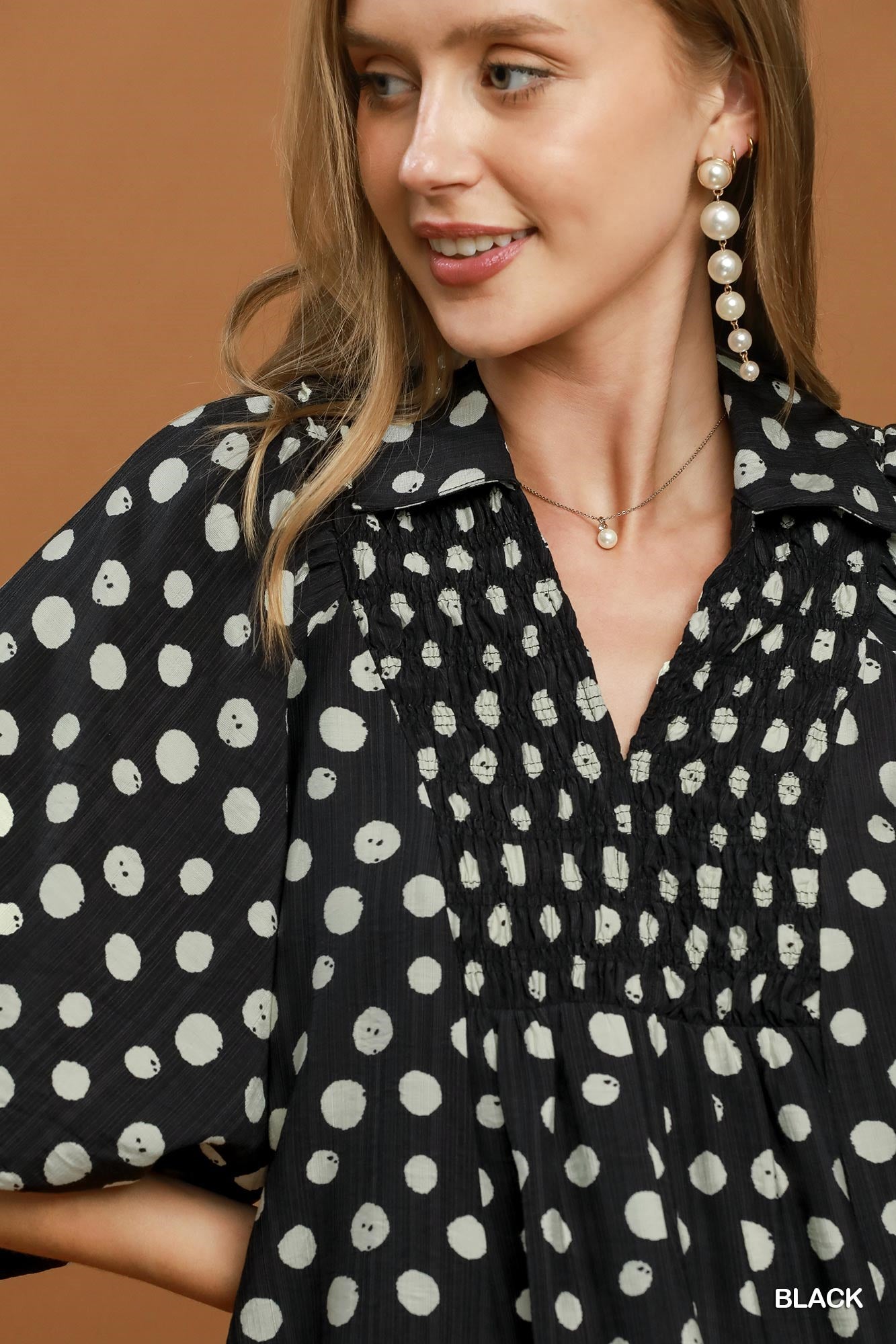 Plus Size Polka Dot Smocked Yoke Blouse