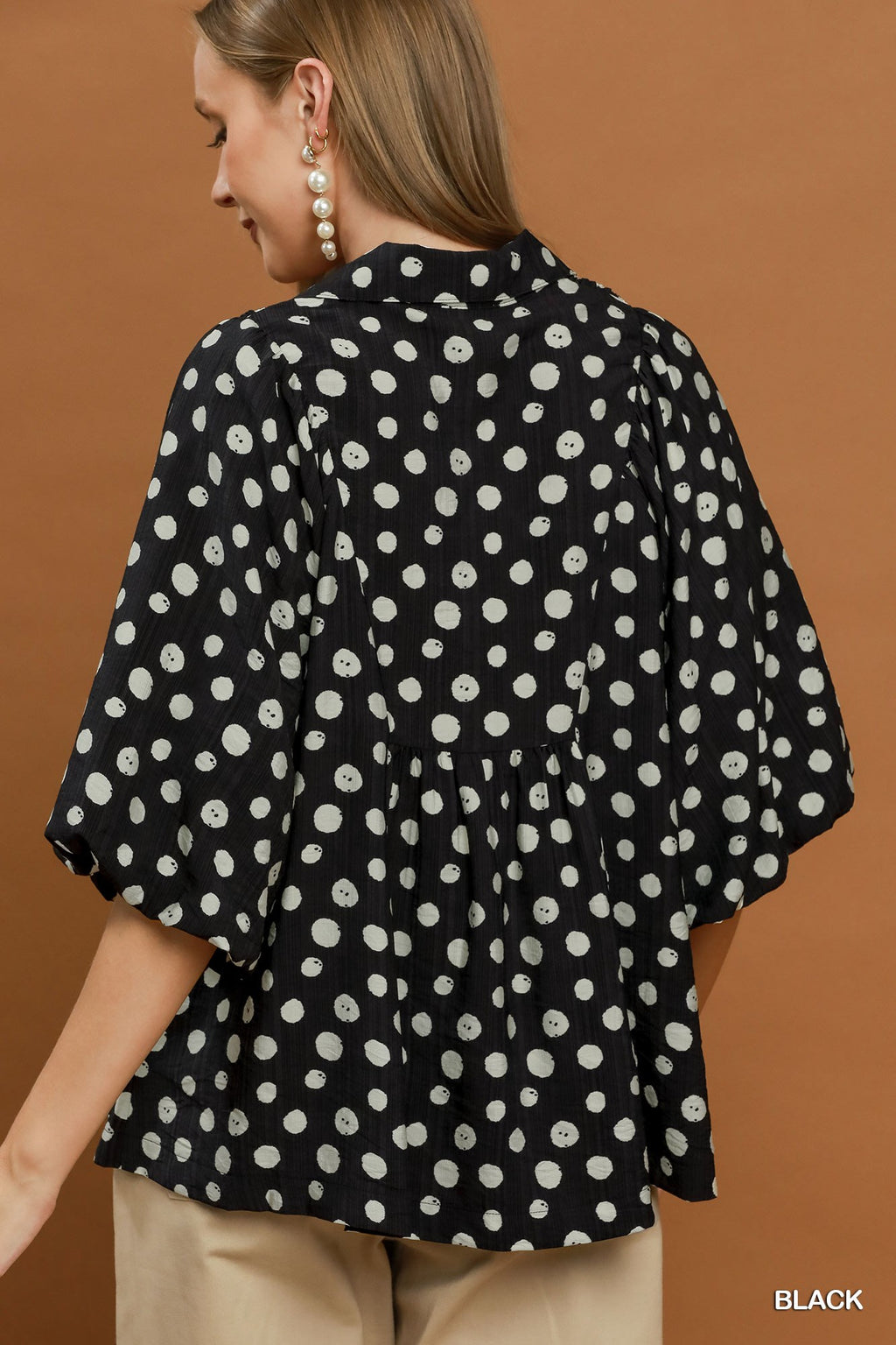 Plus Size Polka Dot Smocked Yoke Blouse