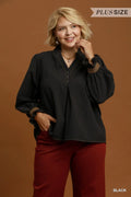 Plus Size Chambray Blouse with Smocked Balloon Sleeves