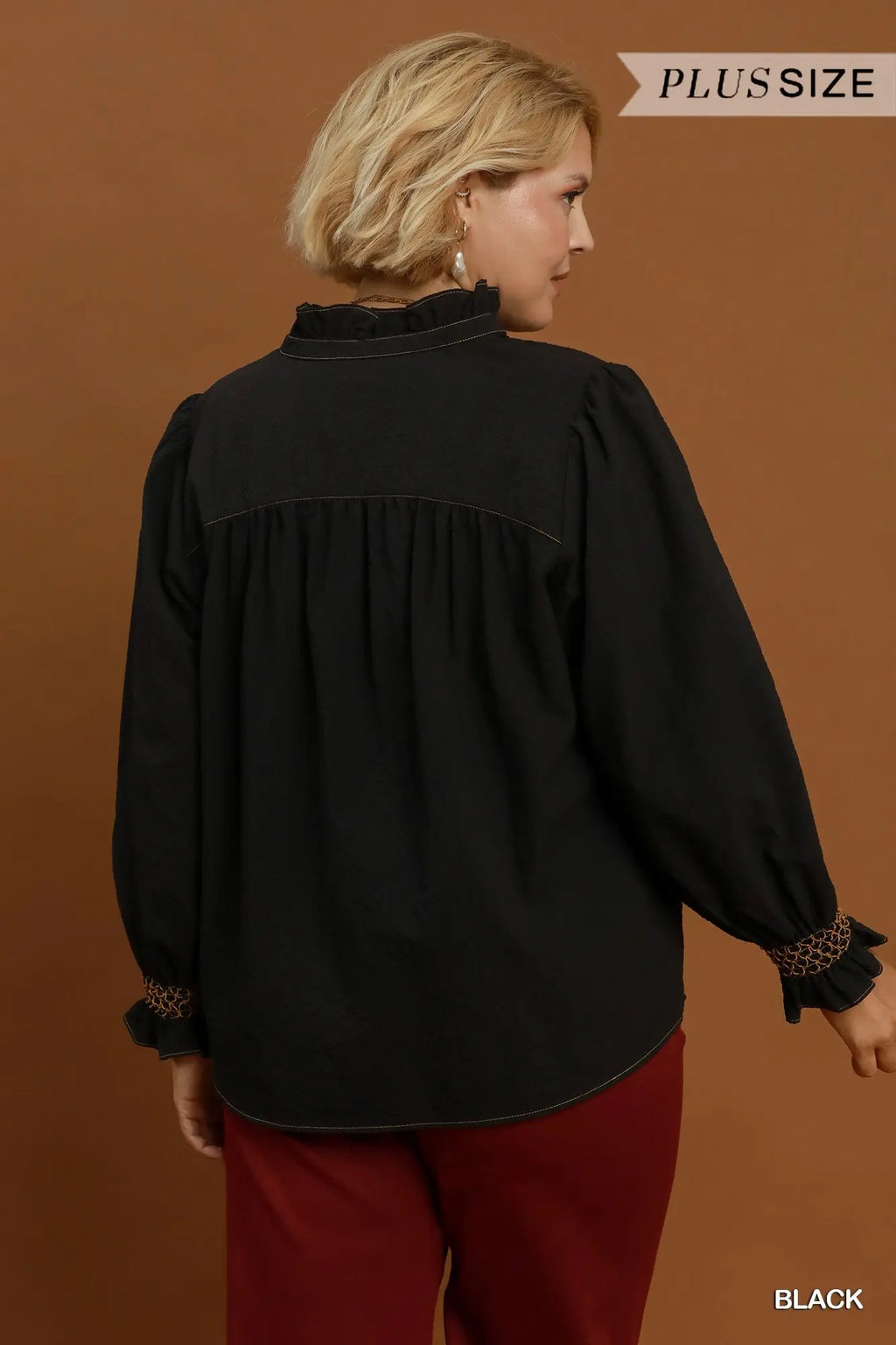 Plus Size Chambray Blouse with Smocked Balloon Sleeves