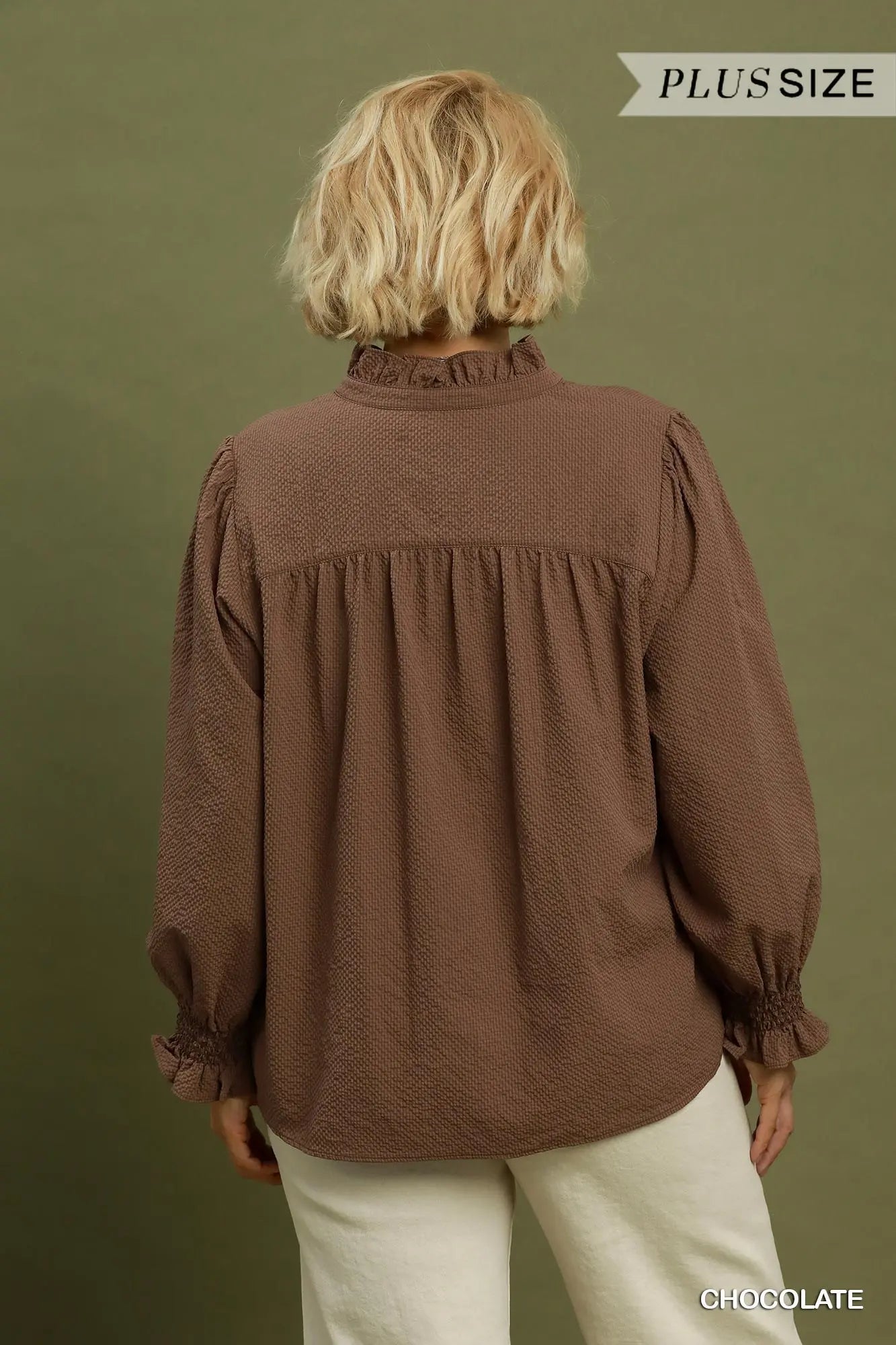 Plus Size Chambray Blouse with Smocked Balloon Sleeves