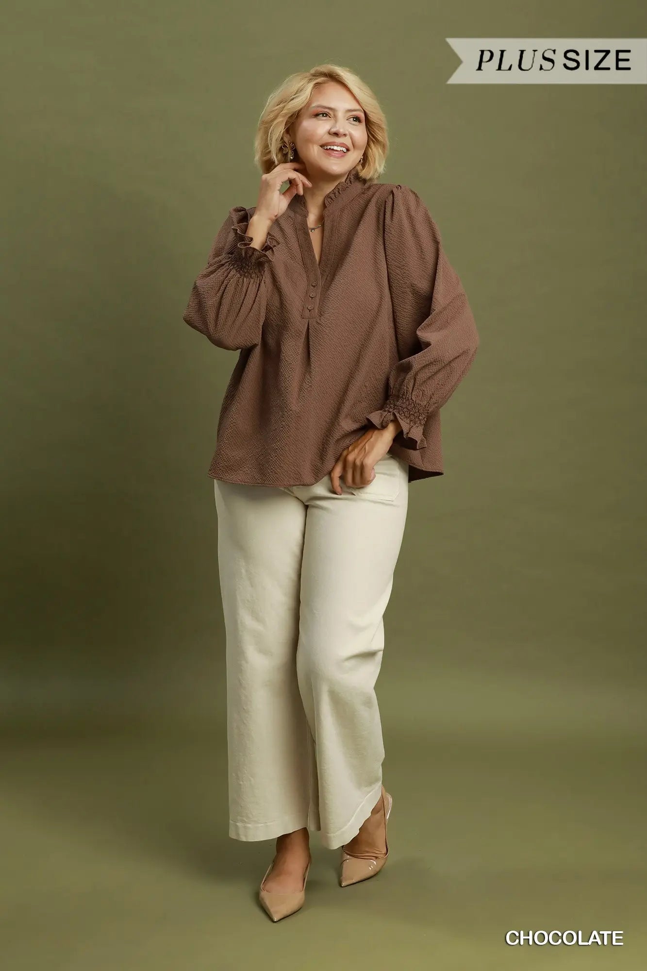 Plus Size Chambray Blouse with Smocked Balloon Sleeves