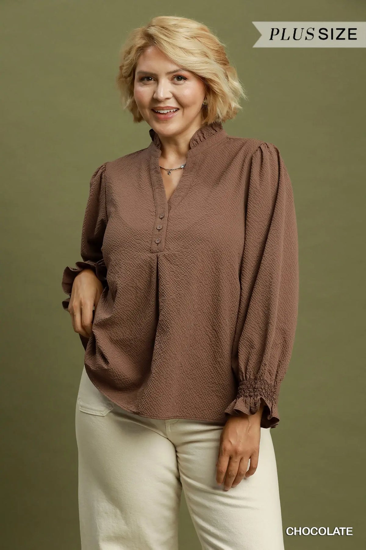Plus Size Chambray Blouse with Smocked Balloon Sleeves