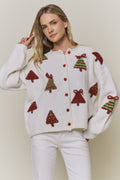 Festive Christmas Trees Button Knit Cardigan