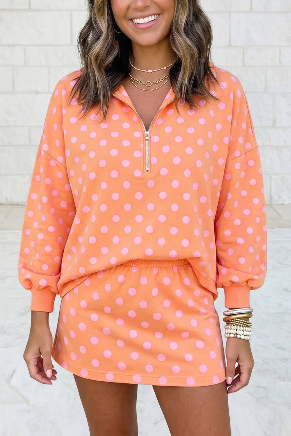 Polka Dot Half Zip Hoodie Mini Skirt Matching Two Piece Set