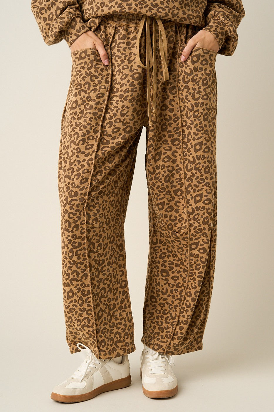 Leopard Print Seam Detail Pull On Barrel Pants