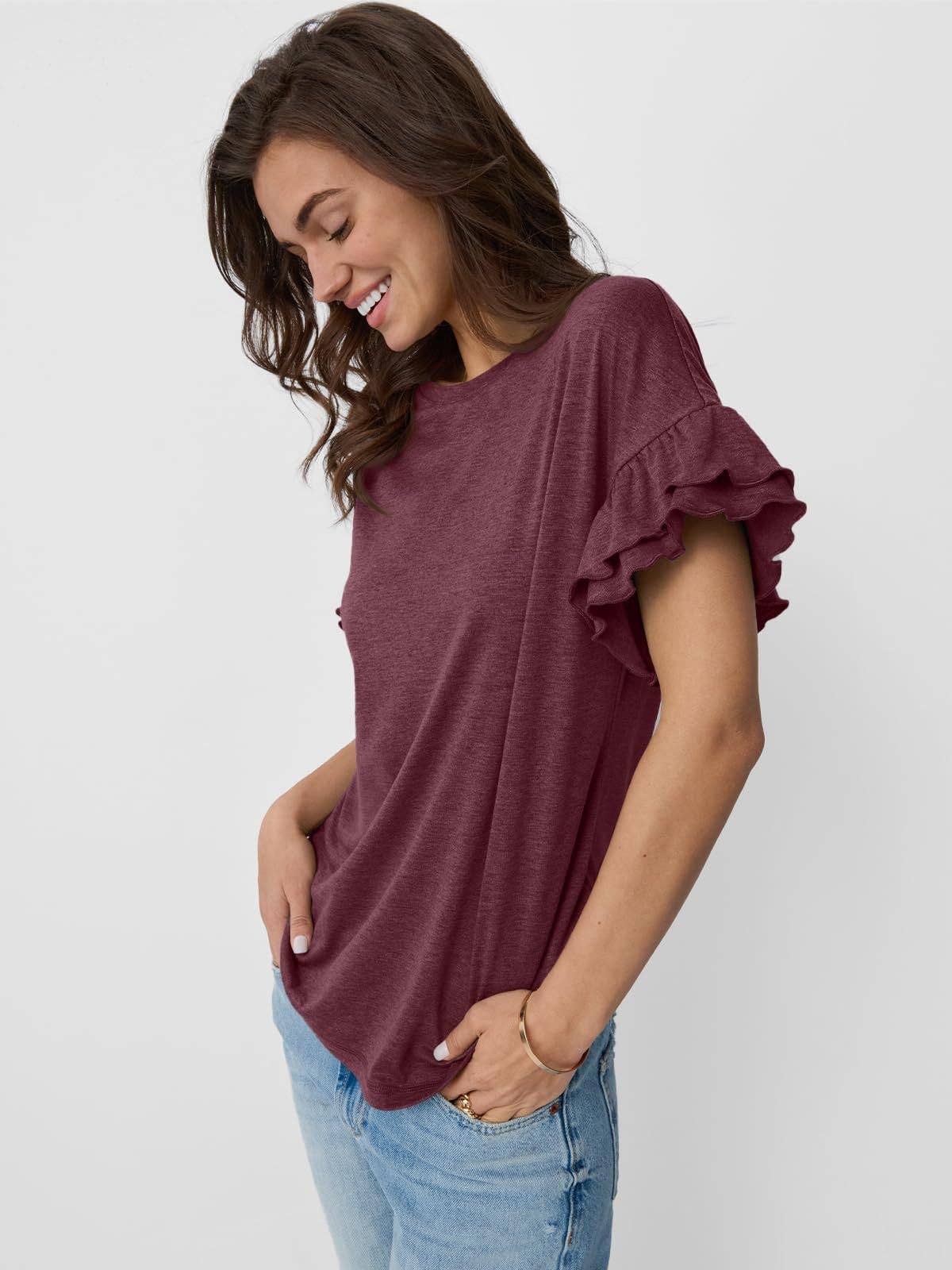 Women's Ruffle Sleeve Crew Neck T-Shirt – Casual Summer Solid Color Top