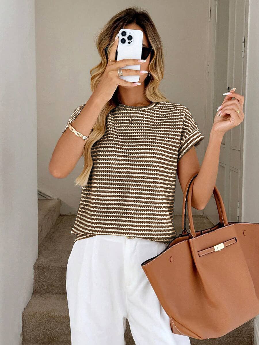 Stripe Knit Crew Neck Short Sleeve Top