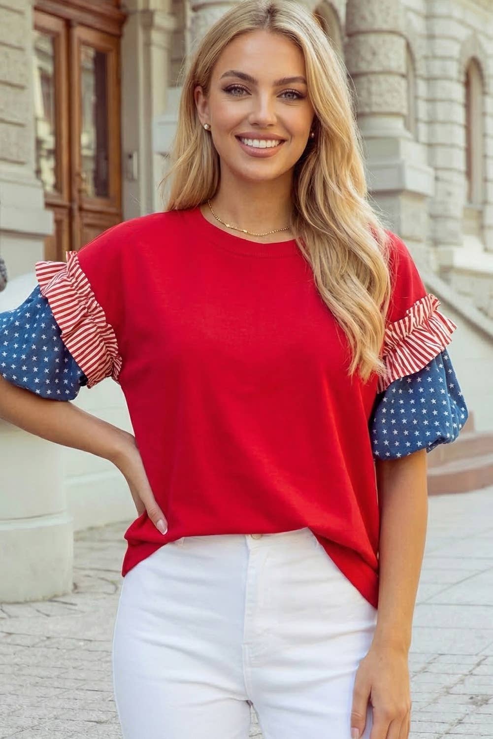 Stars Stripes Short Puff Sleeve Top