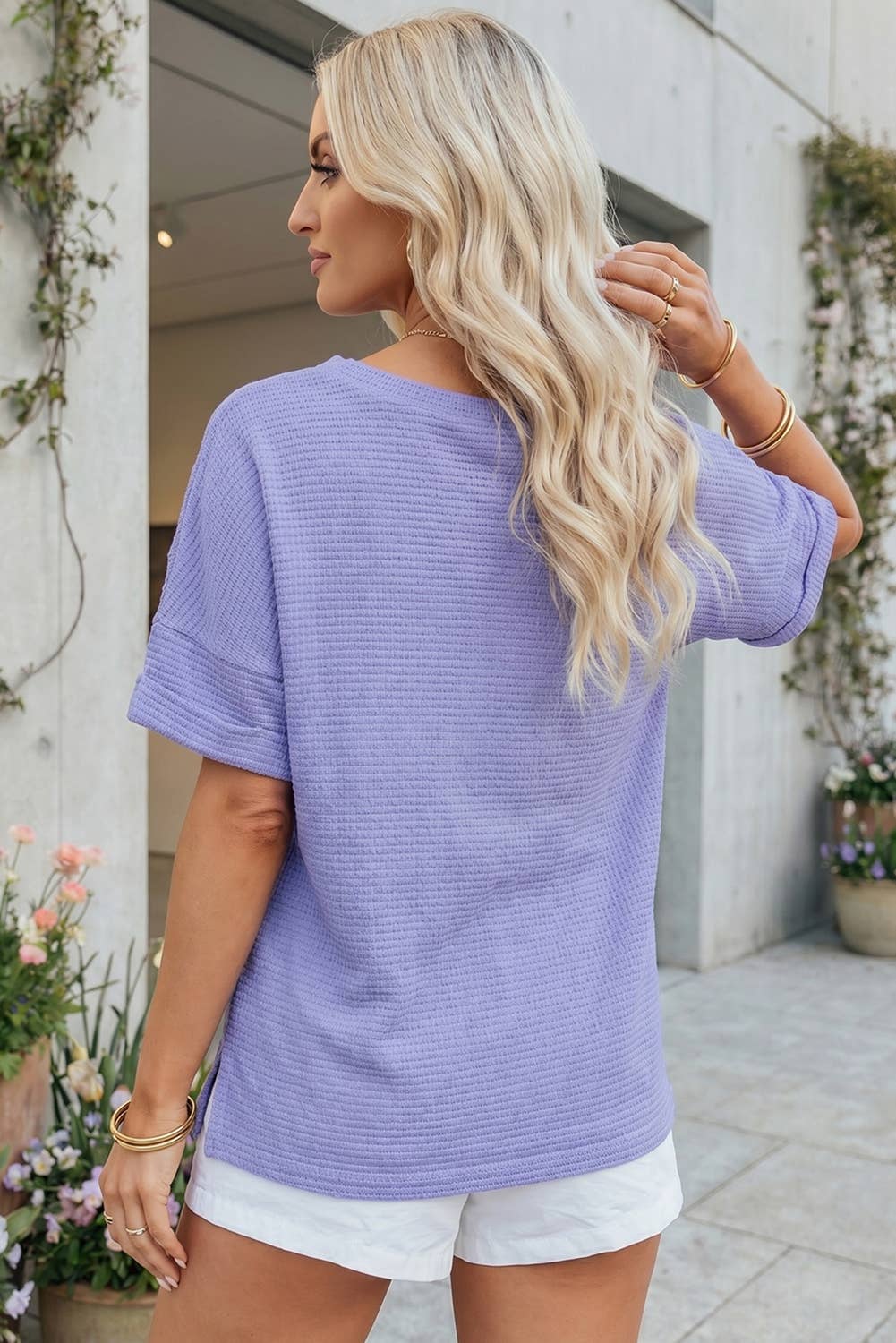 Waffle V-Neck Short Sleeve Knit Top