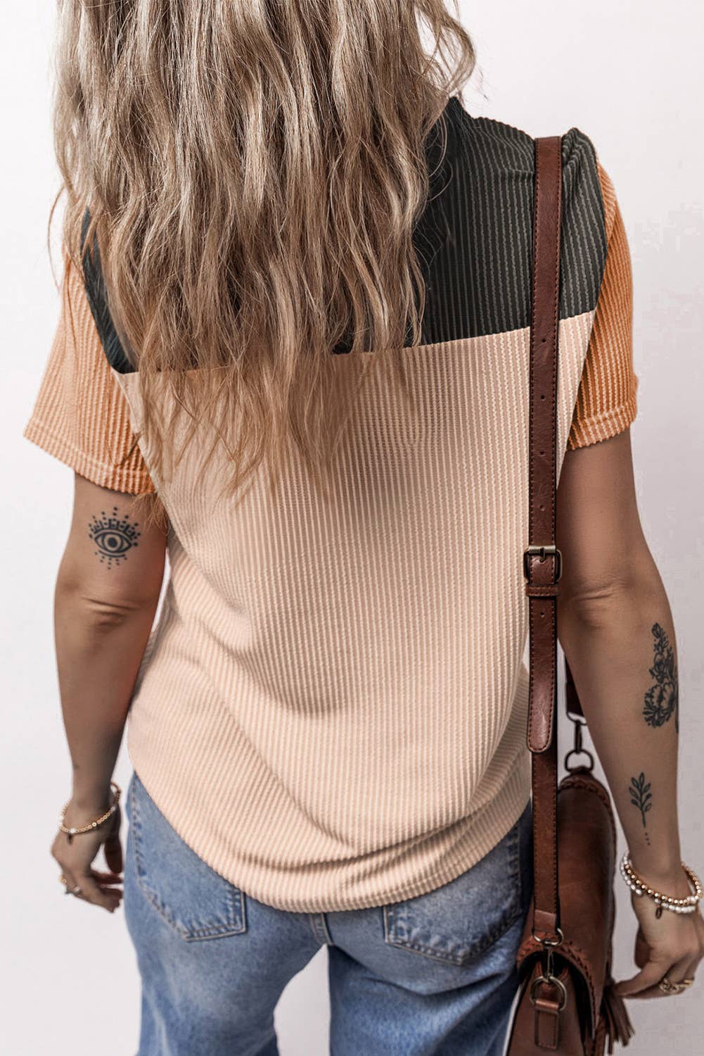 Rib Textured Colorblock Short Sleeve T Shirt (S-XL)