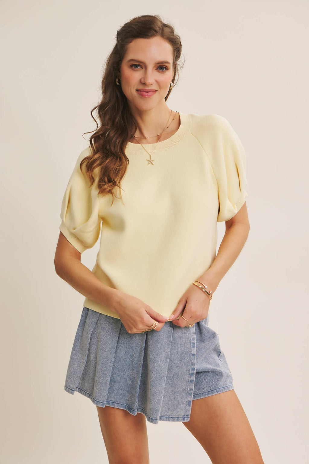 EASY VOLUME MOVEMENT BREATHABLE COTTON SWEATER WITH PUFF SLV