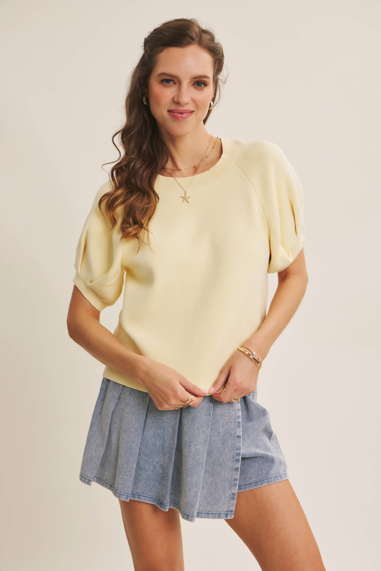 EASY VOLUME MOVEMENT BREATHABLE COTTON SWEATER WITH PUFF SLV