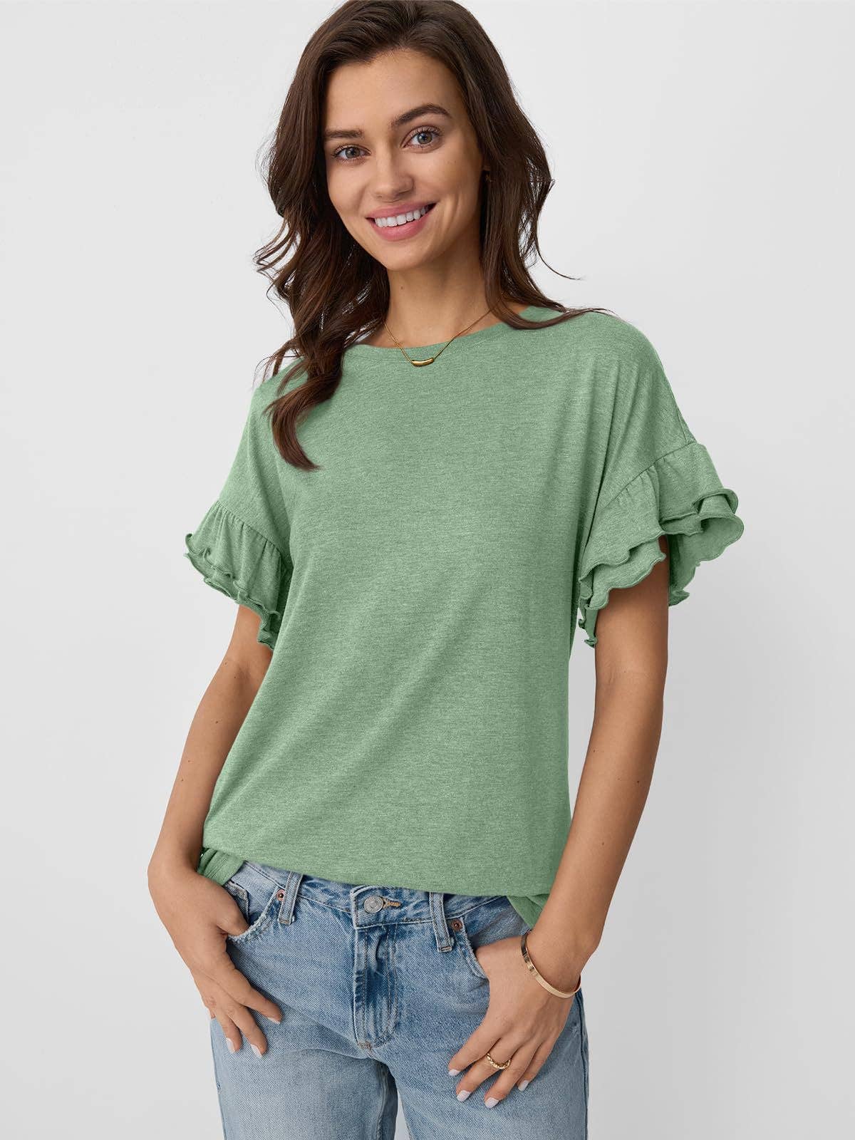 Women's Ruffle Sleeve Crew Neck T-Shirt – Casual Summer Solid Color Top