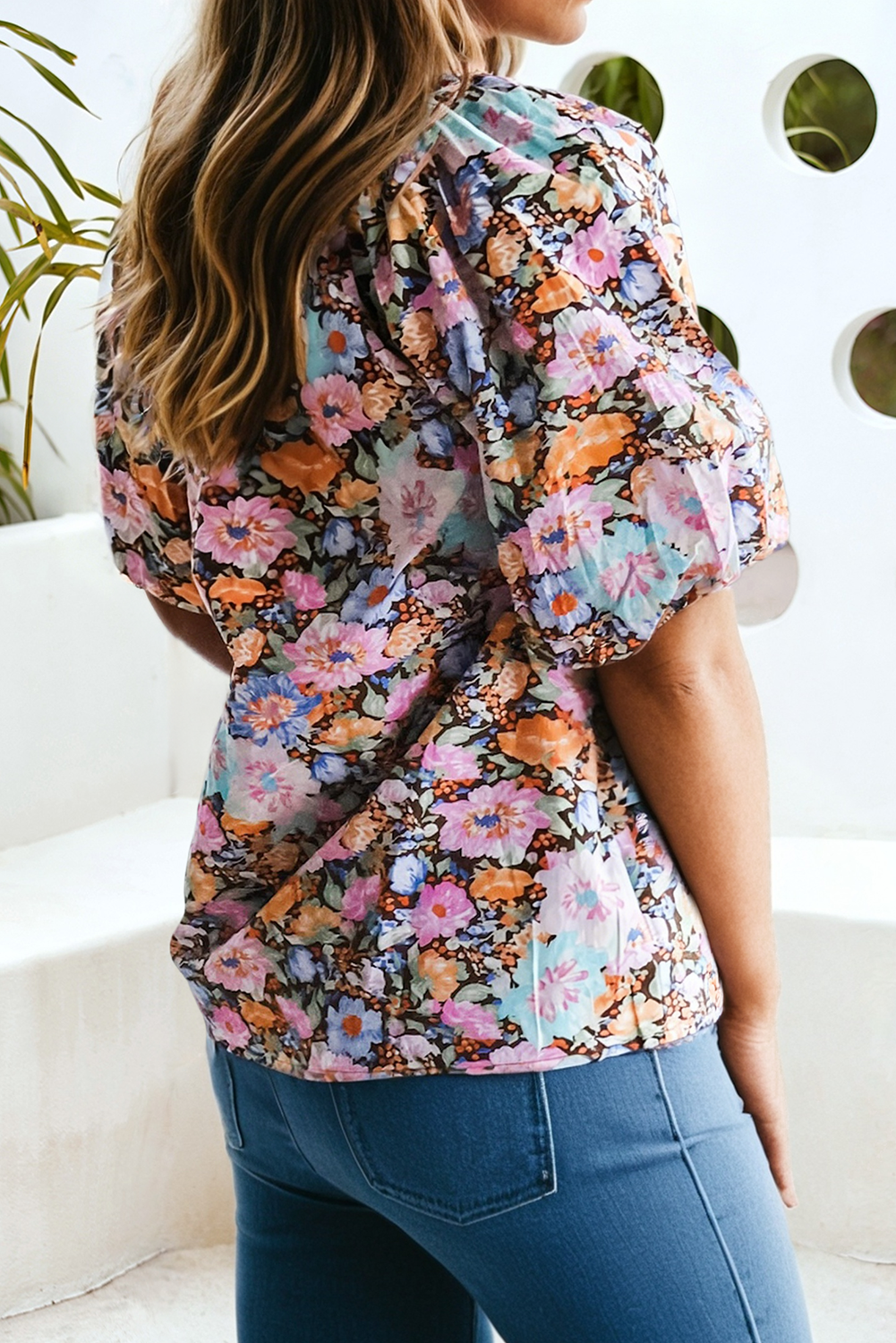 LDC Floral V Neck Shift Blouse Short Sleeve Pullover