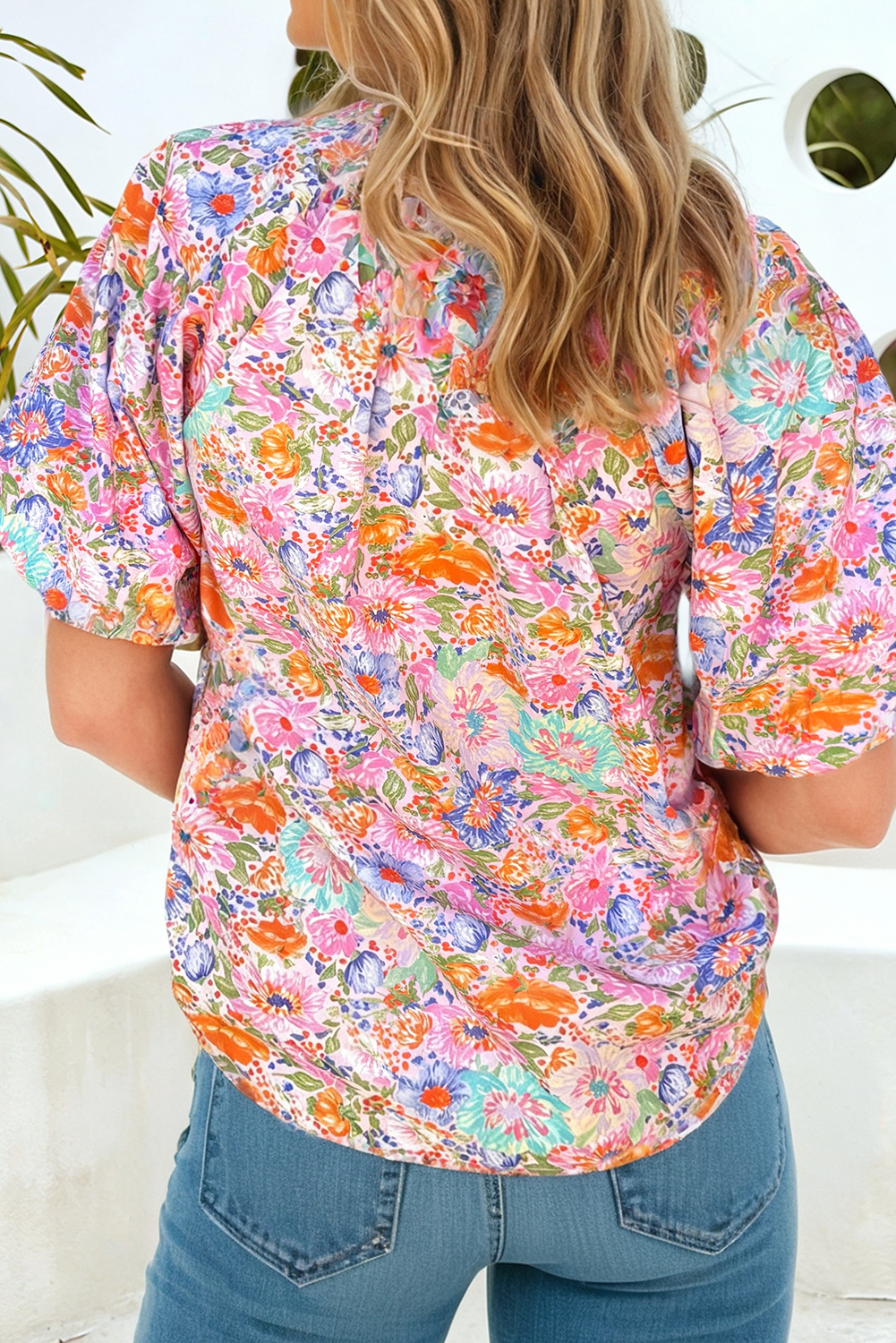 LDC Floral V Neck Shift Blouse Short Sleeve Pullover