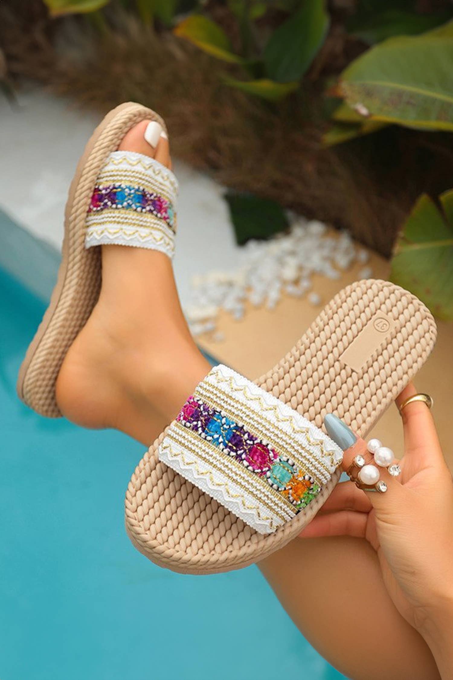 Bohemian Vacation Woven Colorful Detail Wide Band Slippers
