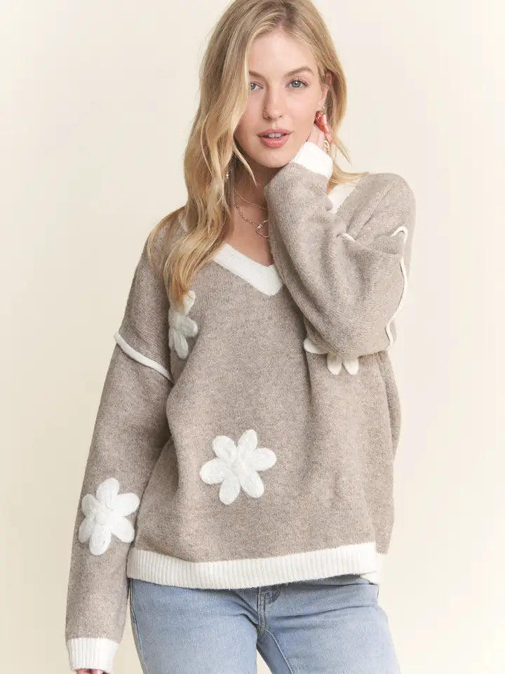 Drop Shoulder V Neck Floral Sweater Top