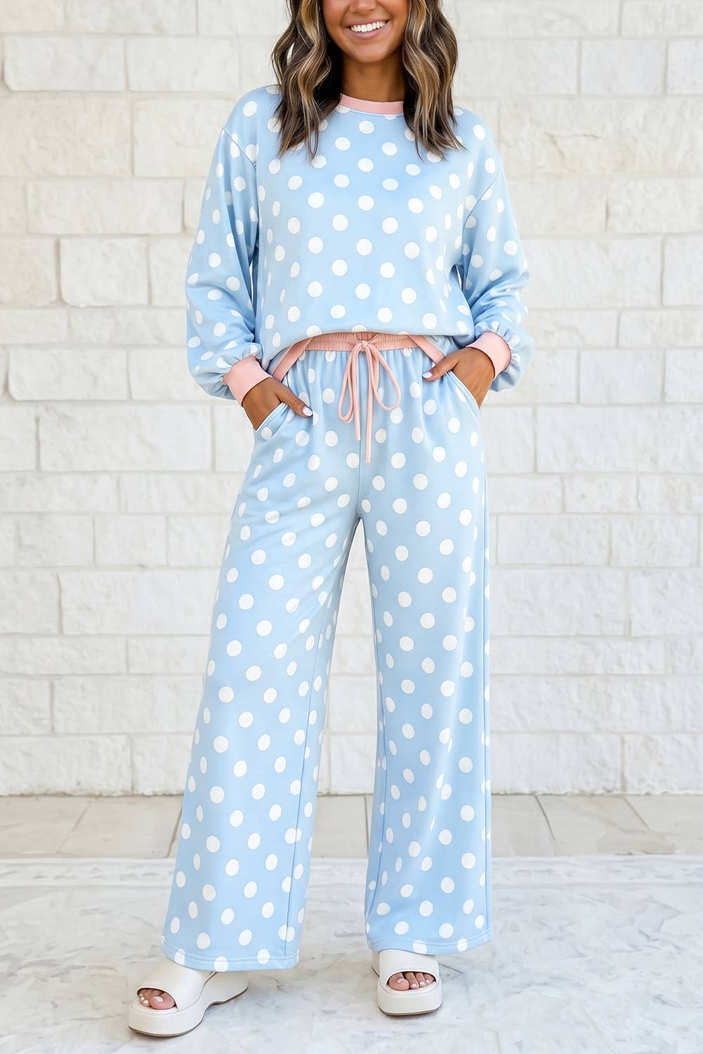 Polka Dot Contrast Trim Top Drawstring Shift Pants Set