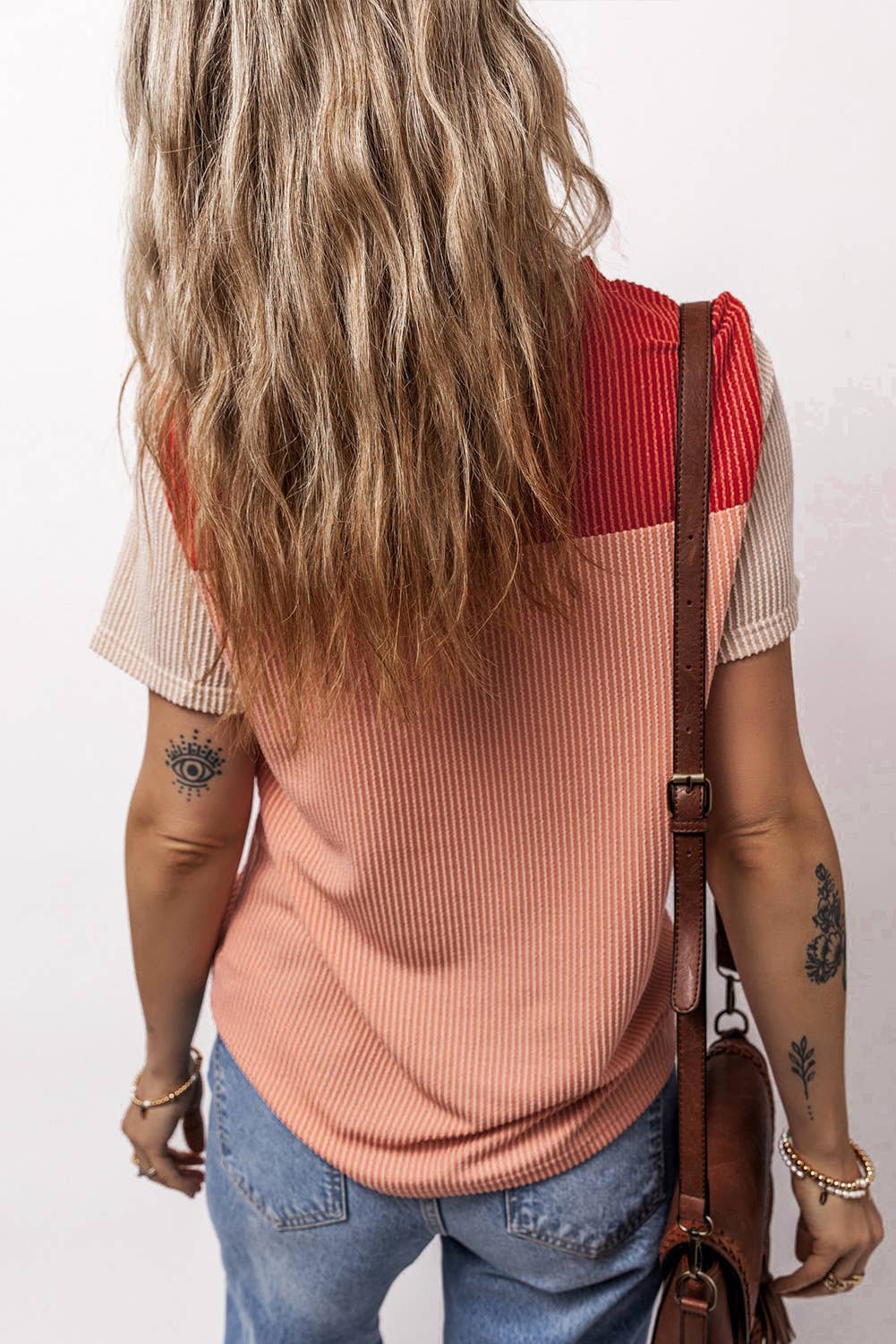 Rib Textured Colorblock Short Sleeve T Shirt (S-XL)