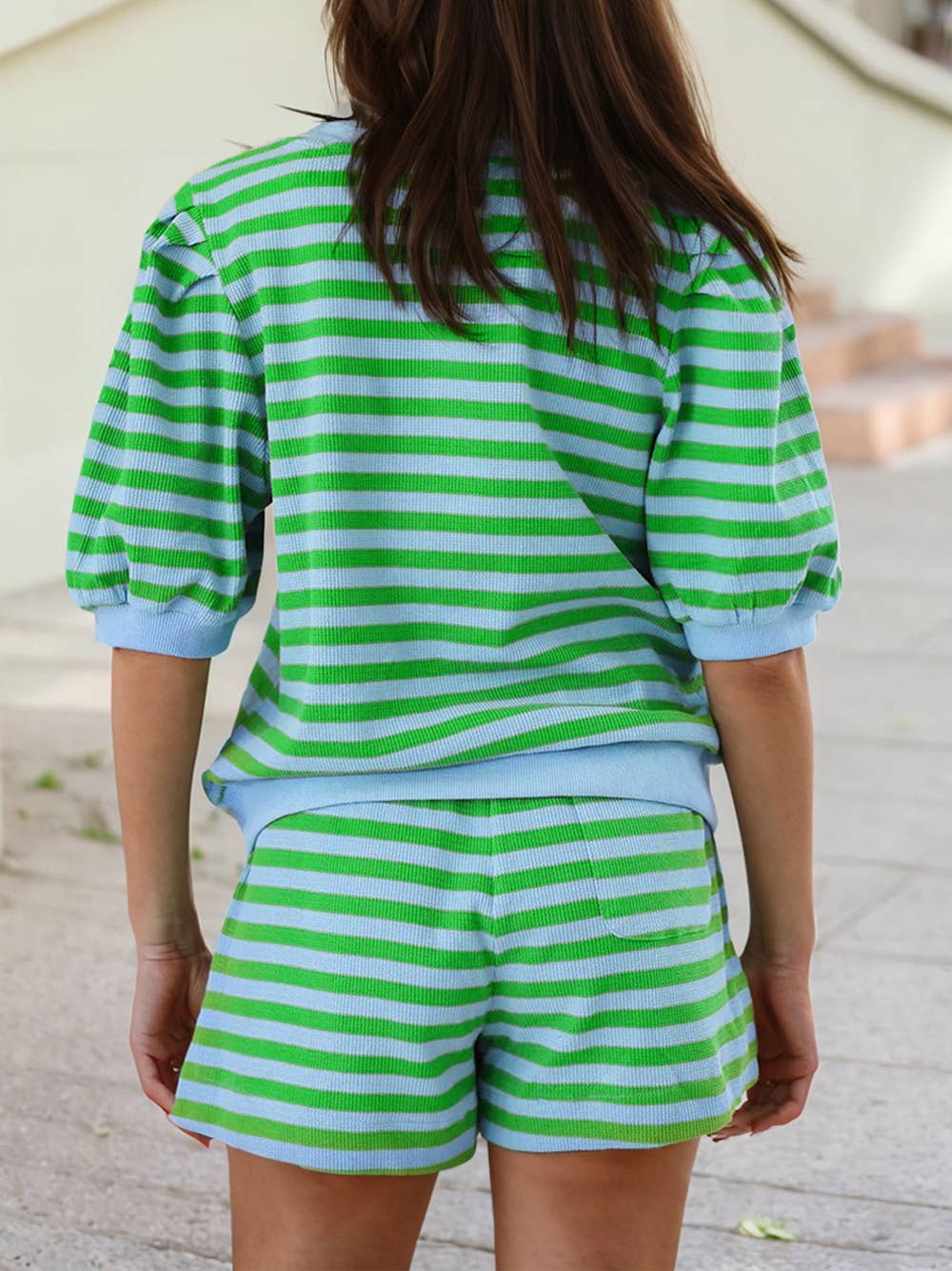 Stripe Puff Short Sleeve Top Matching Shorts Set