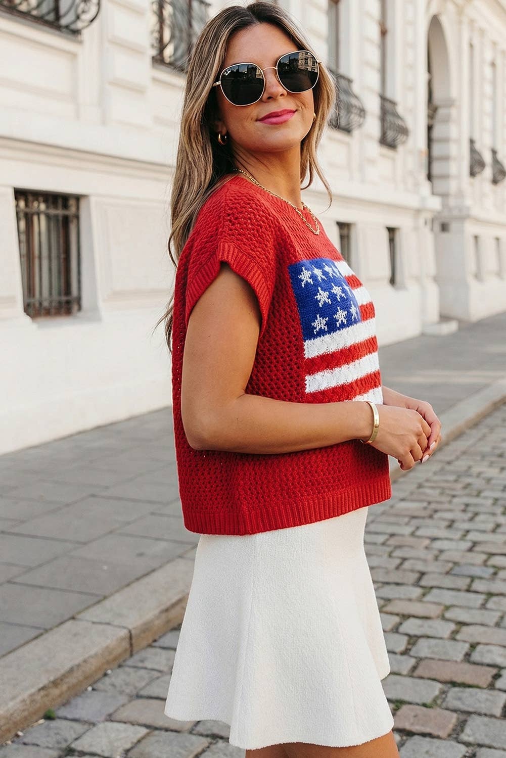 USA Flag Graphic Short Sleeve Sweater Top