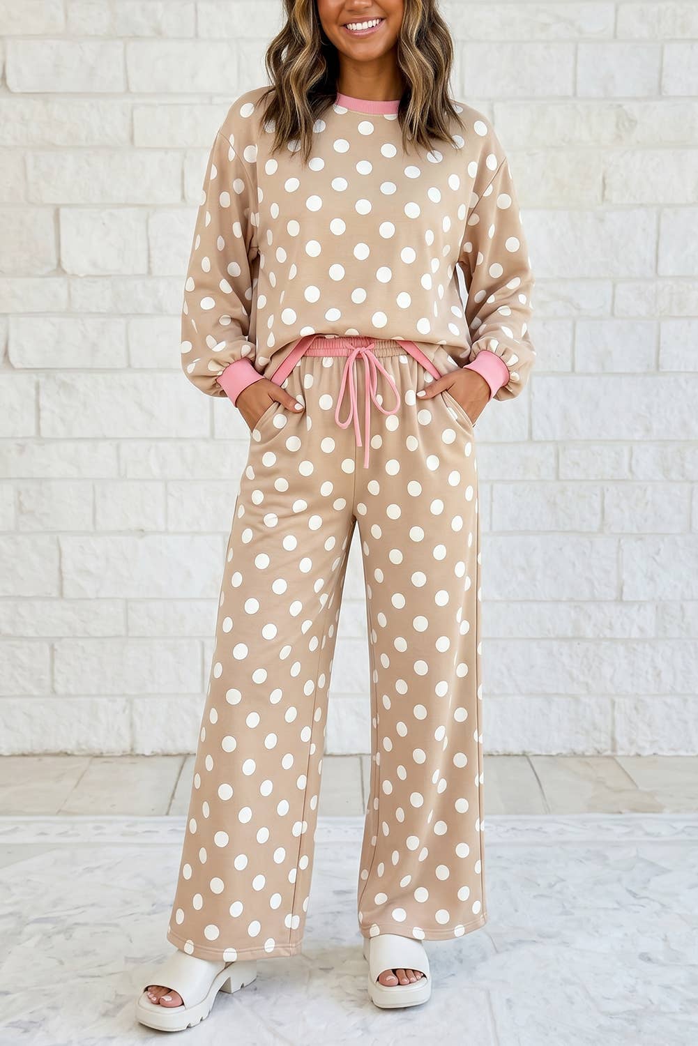 Polka Dot Contrast Trim Top Drawstring Shift Pants Set