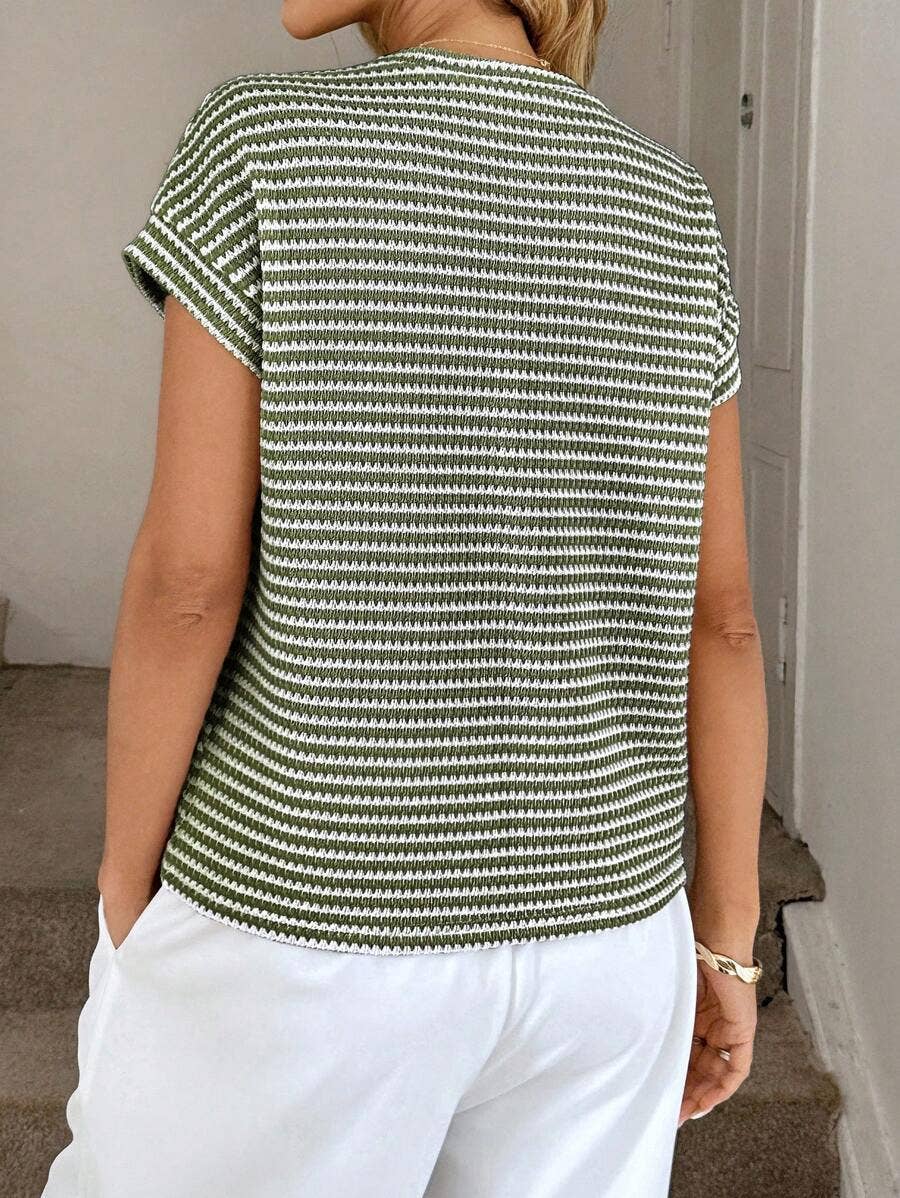 Stripe Knit Crew Neck Short Sleeve Top