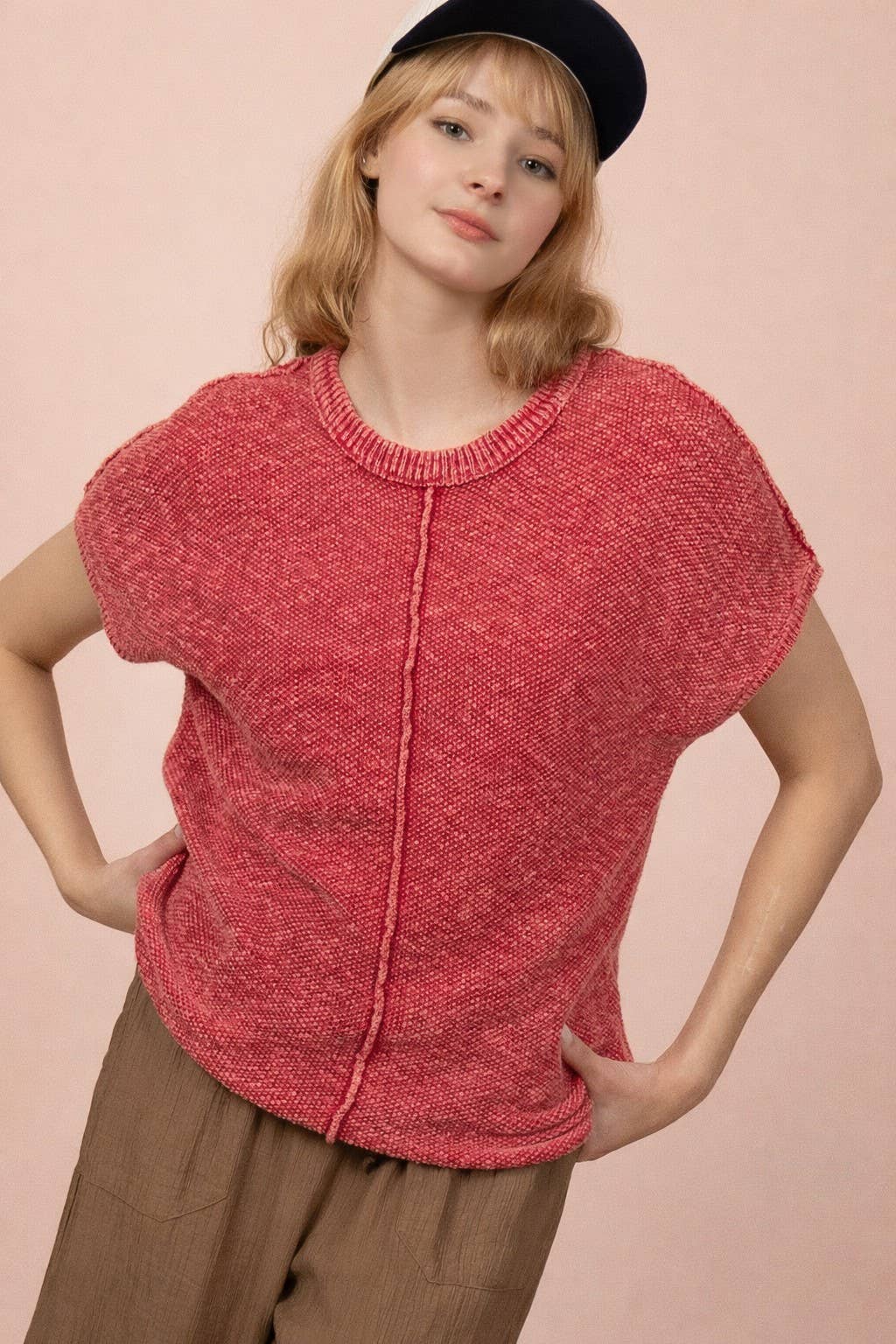 Red Mineral Washed Knit Casual Sweater Top