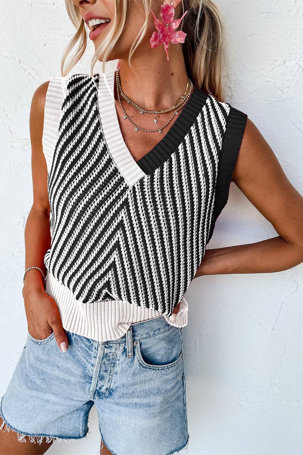 Strawberry Pink Contrast Chevron Knit V Neck Sweater Vest