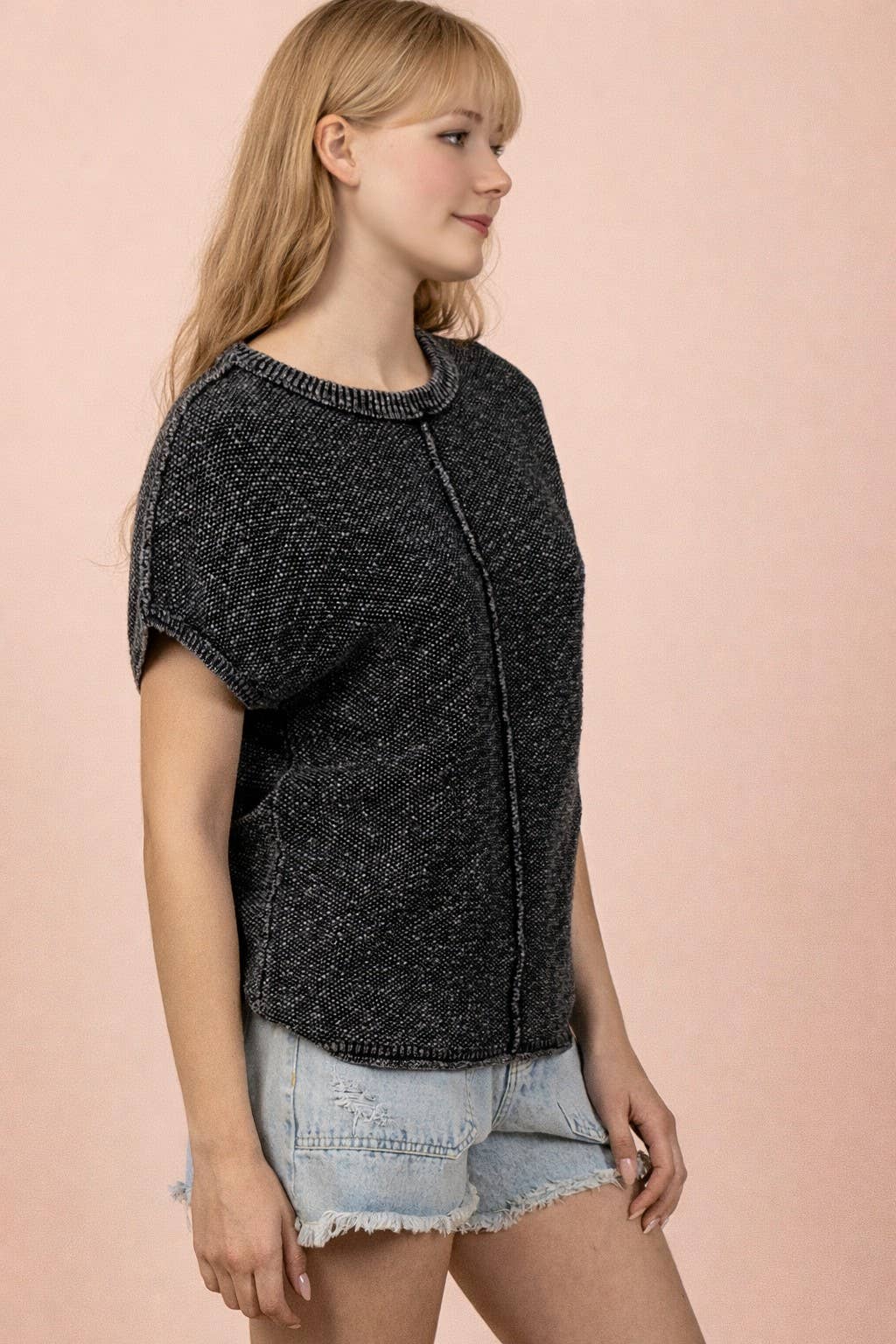 Black Mineral Washed Knit Casual Sweater Top - Plus Size