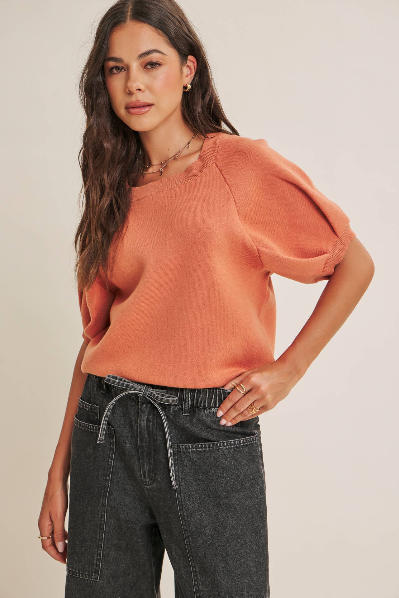 EASY VOLUME MOVEMENT BREATHABLE COTTON SWEATER WITH PUFF SLV