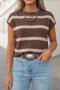 Striped Print Crew Neck Cap Sleeve Sweater Top FW26 | S-XL