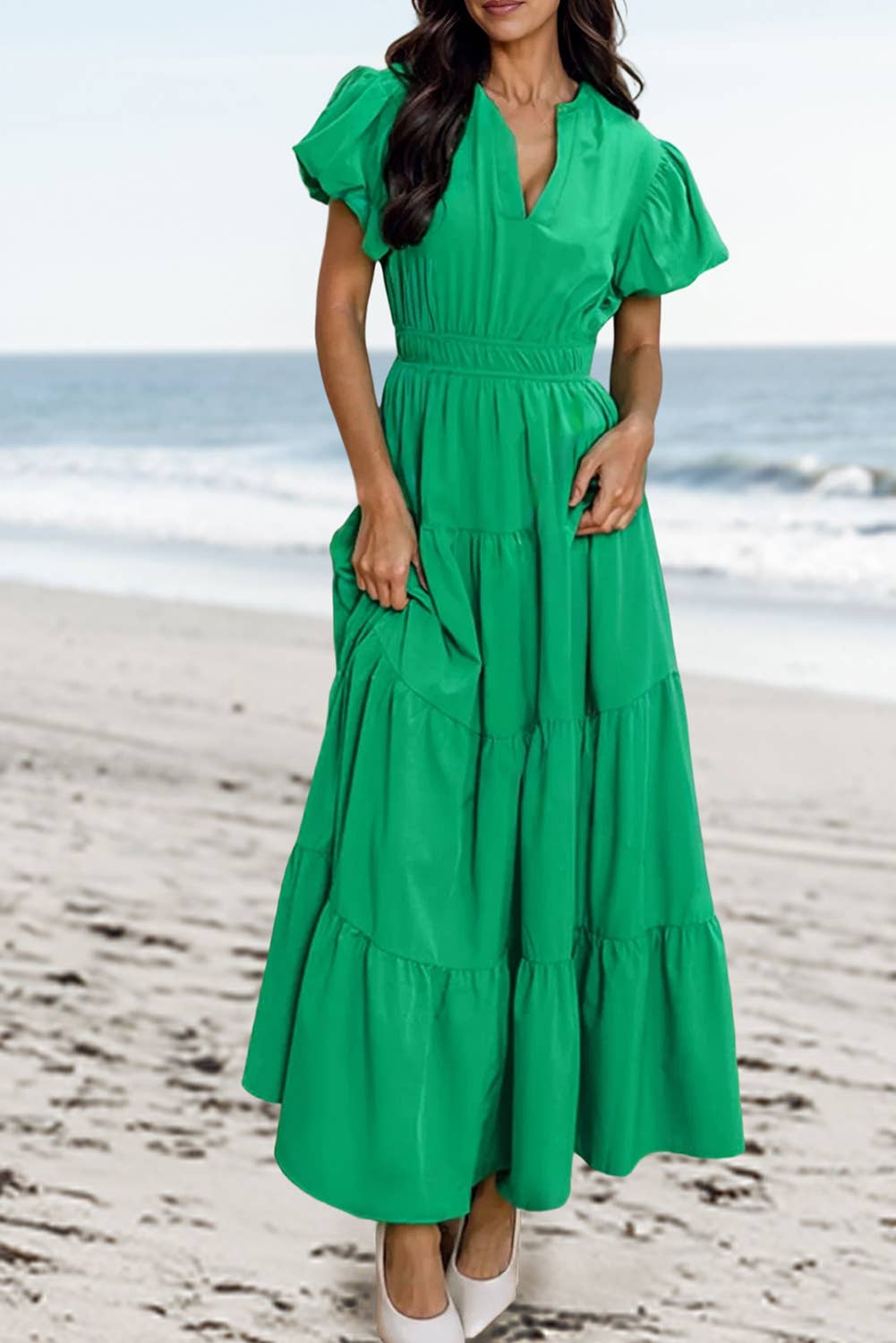 Solid V Neck Short Puff Sleeve Tiered Maxi Dress