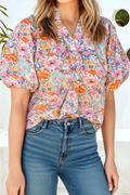 LDC Floral V Neck Shift Blouse Short Sleeve Pullover