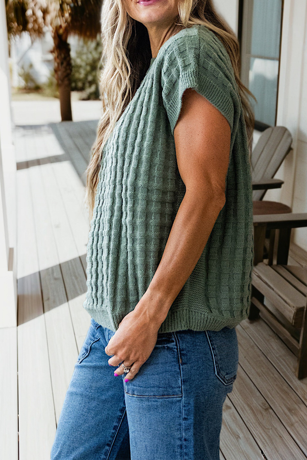 Textured Short Sleeve Round Neck Sweater