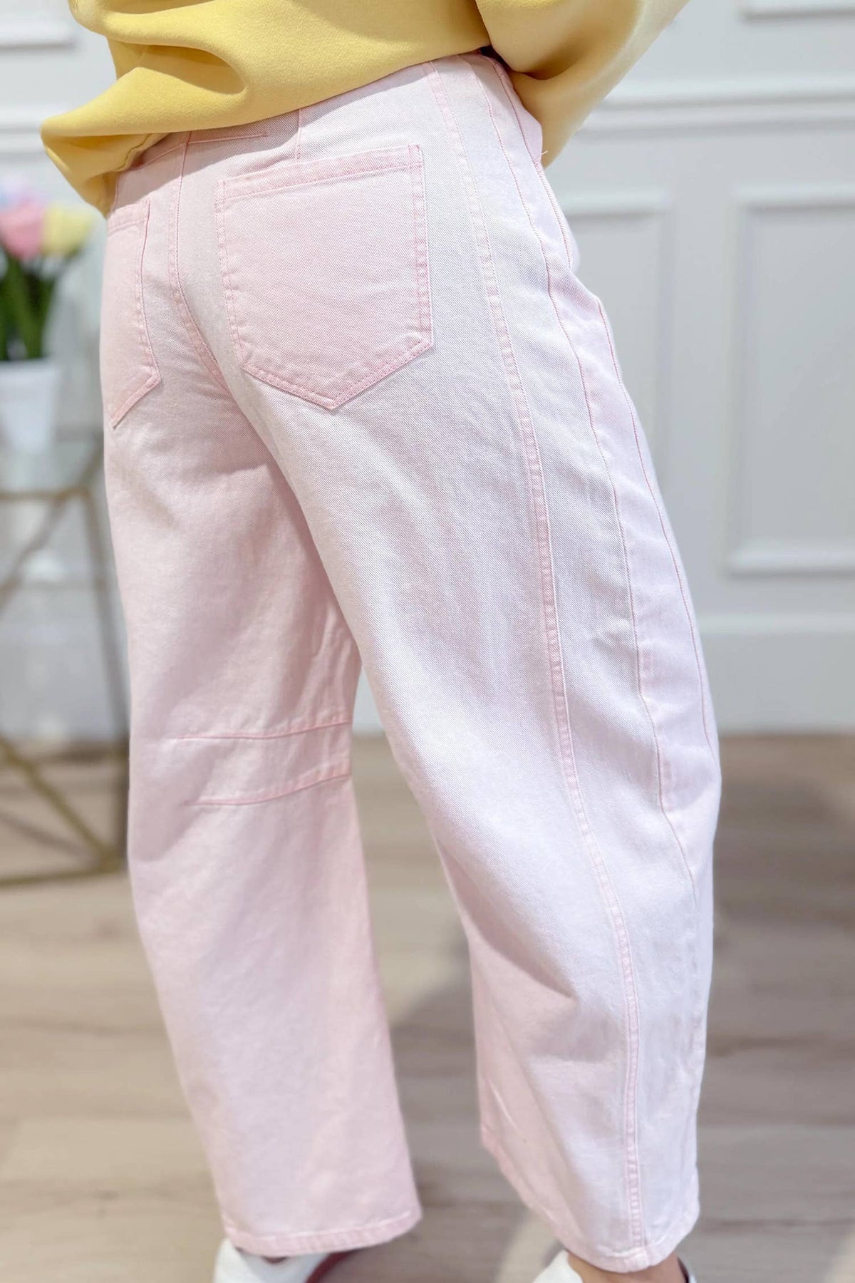 LDC Solid Color Grommet Tie Waist Barrel Jeans