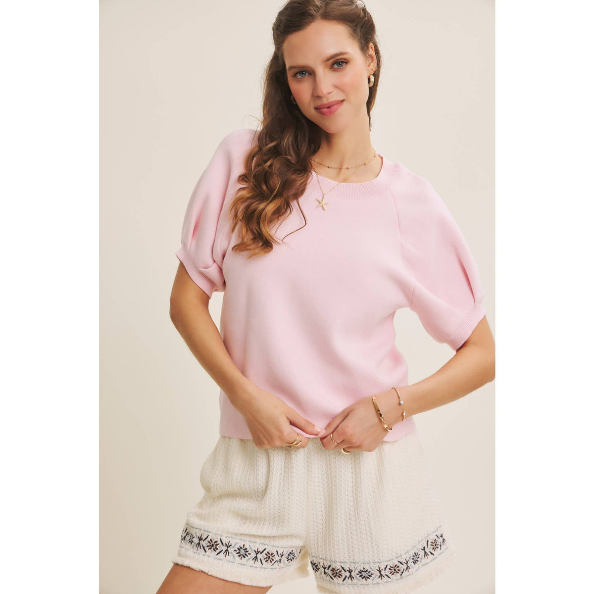 EASY VOLUME MOVEMENT BREATHABLE COTTON SWEATER WITH PUFF SLV