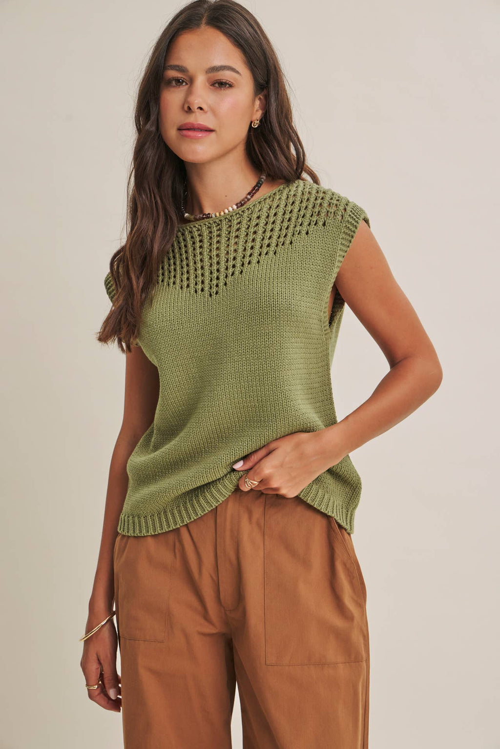 WEEKEND IN TUSCANY TIMELESS OPEN-KNIT FRONT YOKE SWEATER