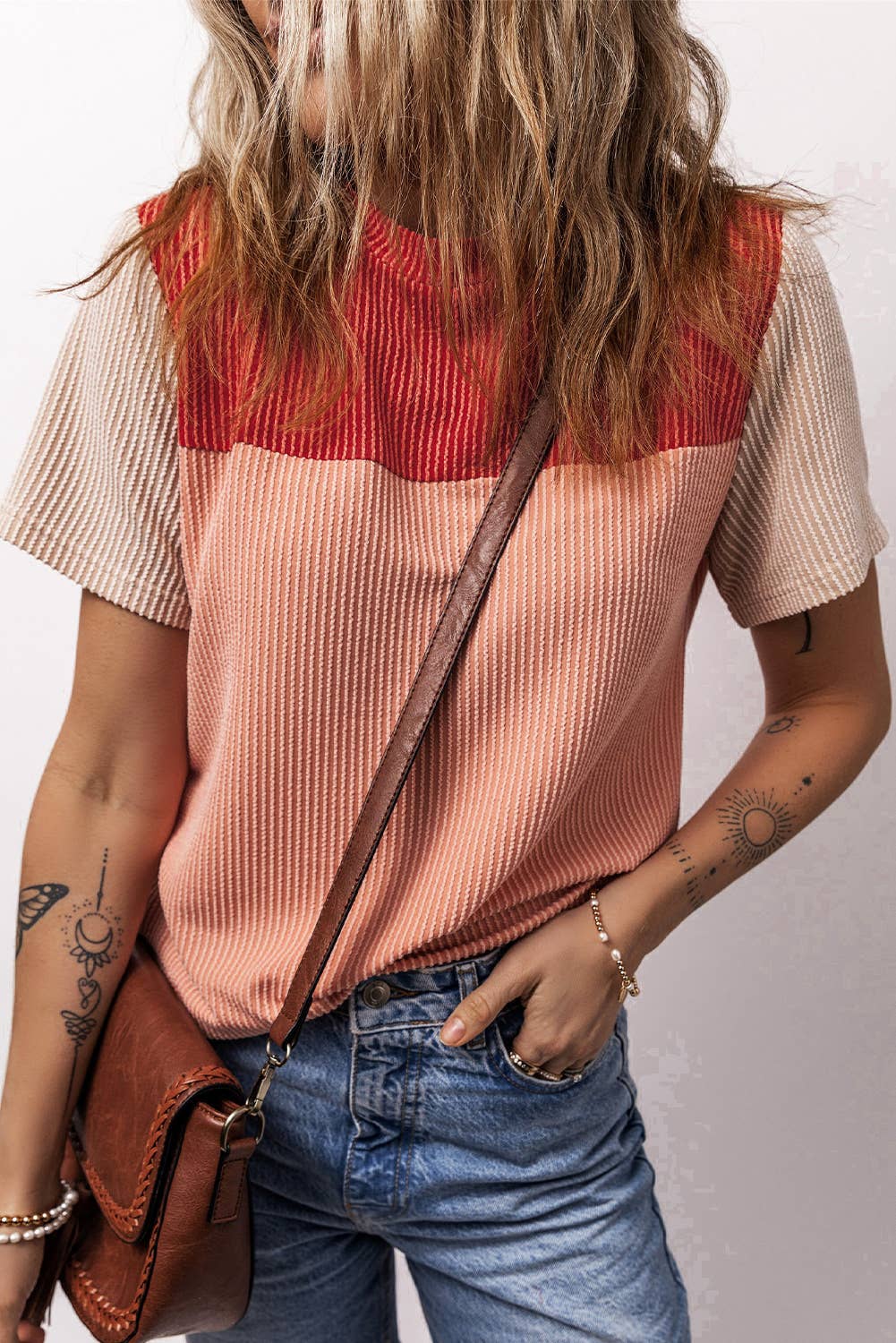 Rib Textured Colorblock Short Sleeve T Shirt (S-XL)