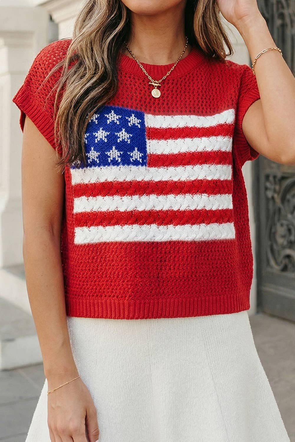USA Flag Graphic Short Sleeve Sweater Top