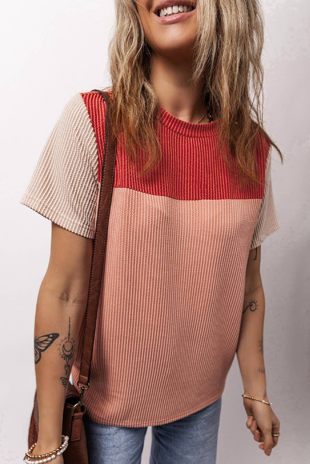 Rib Textured Colorblock Short Sleeve T Shirt (S-XL)