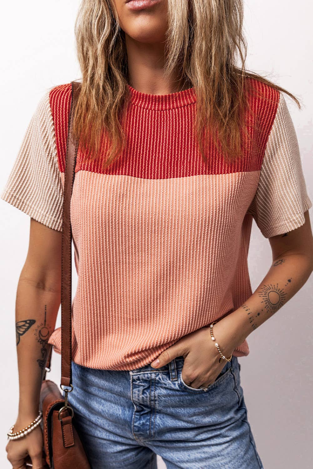 Rib Textured Colorblock Short Sleeve T Shirt (S-XL)