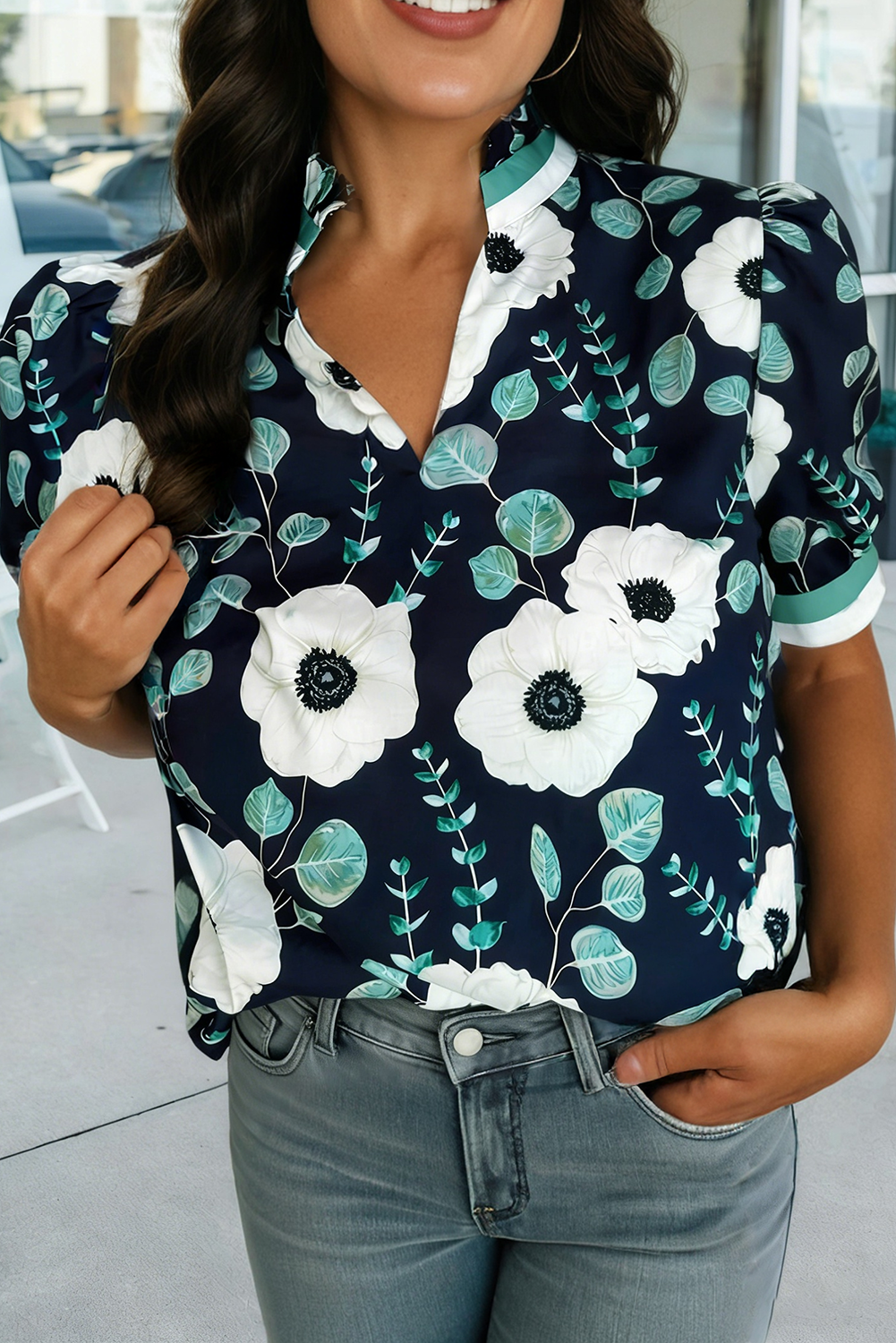 Floral Print Patchwork V Neck Short Sleeve Blouse (S-XL)
