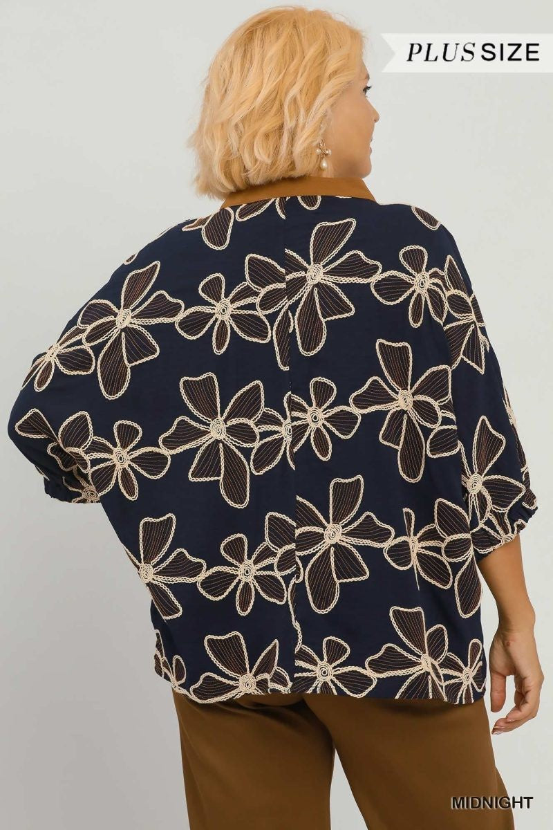 Plus Size Floral Embroidered Split Neck Top
