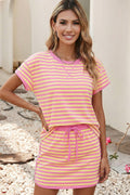 Colorblock Striped Short Sleeve Top and Skirt Set