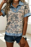 Camouflage Print Denim Patchwork Polo Collar Tee