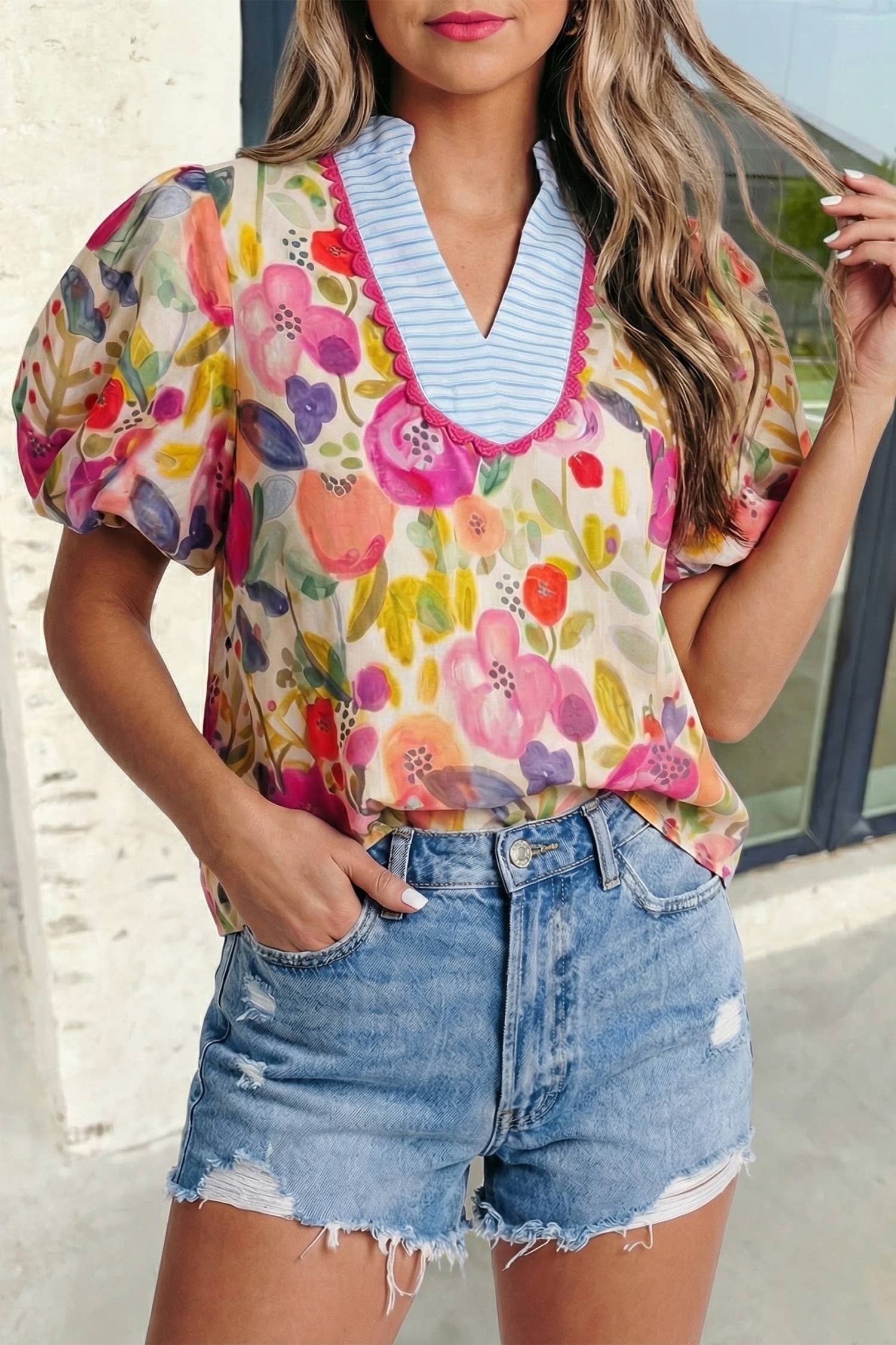 Floral Bubble Sleeve Striped V Neck Blouse SS26 | S-XL